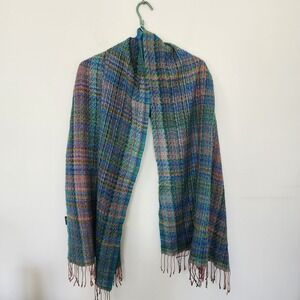 Ahujasons Wool Modal Blend Multicolor Textured Weave Fringe Scarf Blue Green